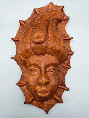 VTG 3D Molded Leather Face Mask Wall Hanging Hand Sculpted Studio Folk Art 10"